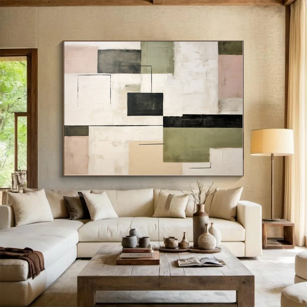 “Geometric Contrasts” - Green, Black, Pink Abstract Geometric Painting On Canvas PS0397