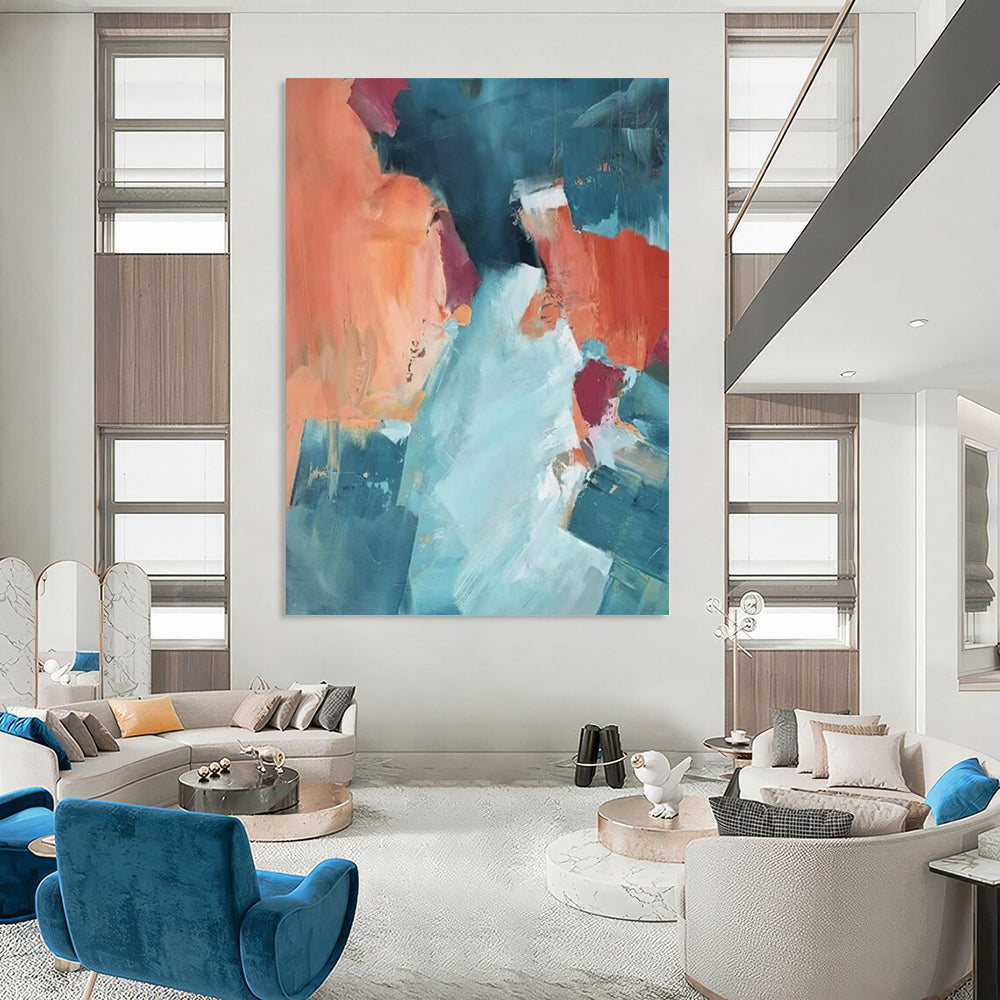 “Blue, Orange, and Pink Abstract” - Fauvist Abstract Painting On Canvas PT2269