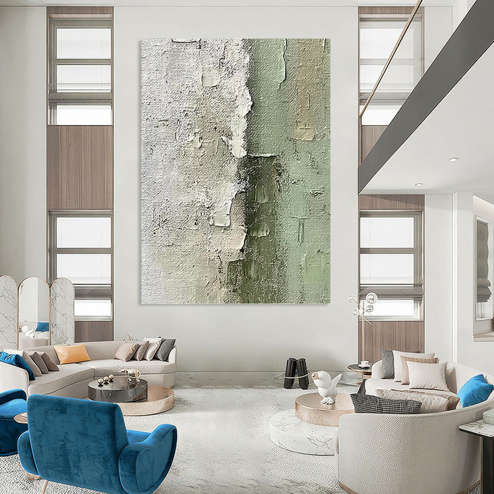“Textured Green and White Abstract” - Wabi - Sab Style Painting On Canvas PT1002