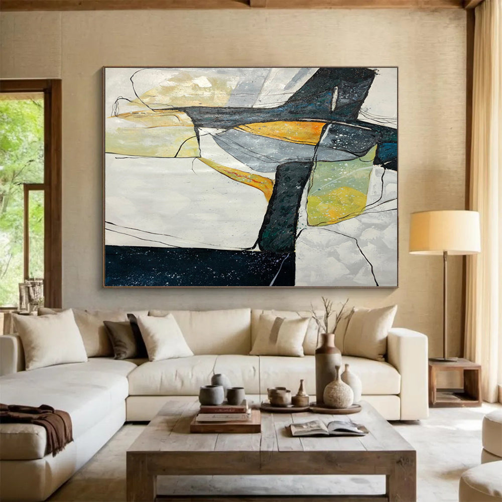 “Geometric Abstract Coastal in Blacks, Whites & Colors” - Modern Cubist - Inspired Oil Painting On Canvas PT038