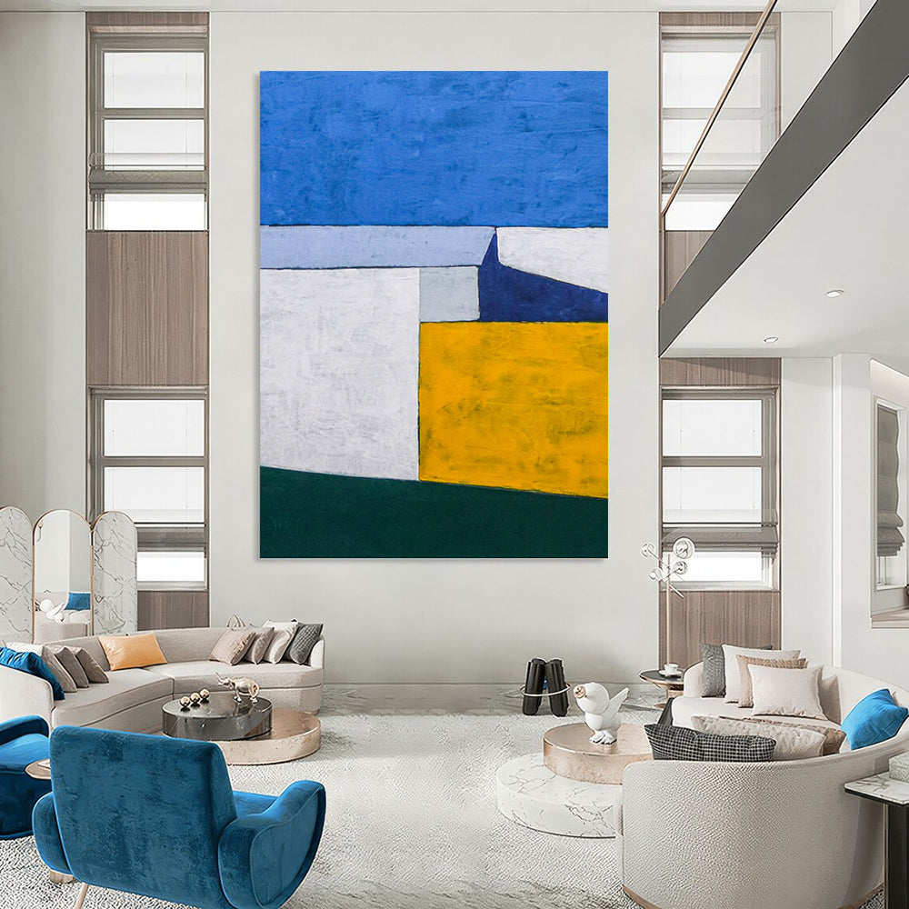 “Blue - Yellow Geometric Blocks” - Clean Lines Abstract Painting On Canvas PT1095