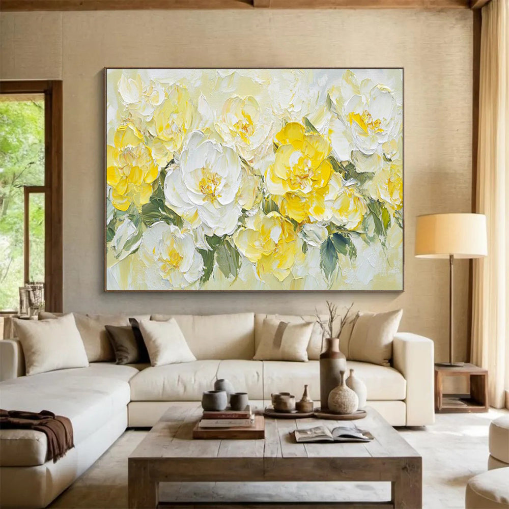 “Sunny Yellow & White Blooms” - Bright Floral, Impasto Flower Bouquet Painting On Canvas DKS696
