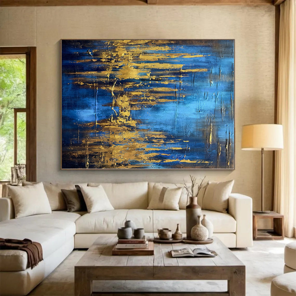 “Blue - Gold Abstract Forest” - Blue, Gold Abstract Painting On Canvas PS0449