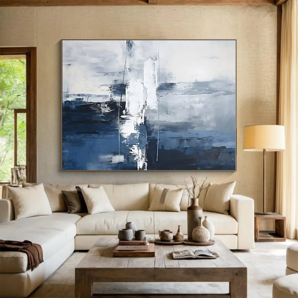 Blue, Gray & White Subtle Abstract "Ocean Mist" Painting On Canvas PS0851