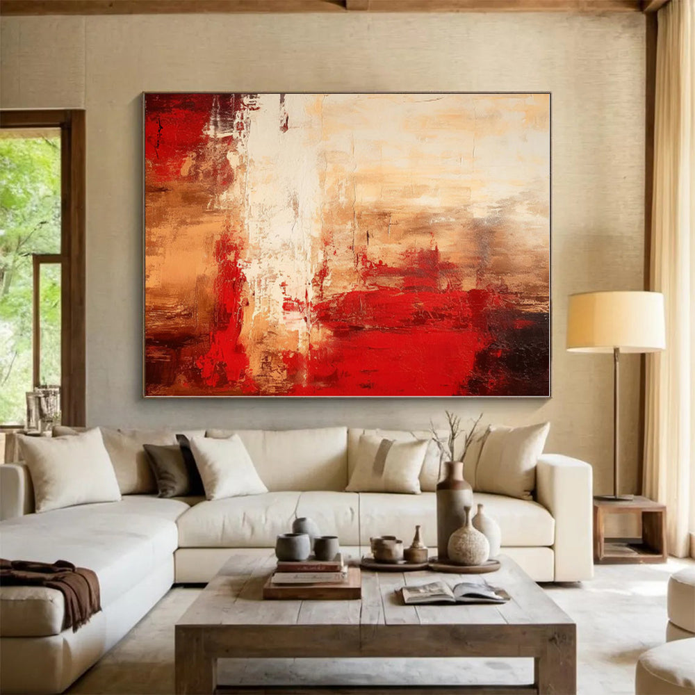 “Red - Beige Abstract Landscape” - Red, Beige Abstract Painting On Canvas PS0481