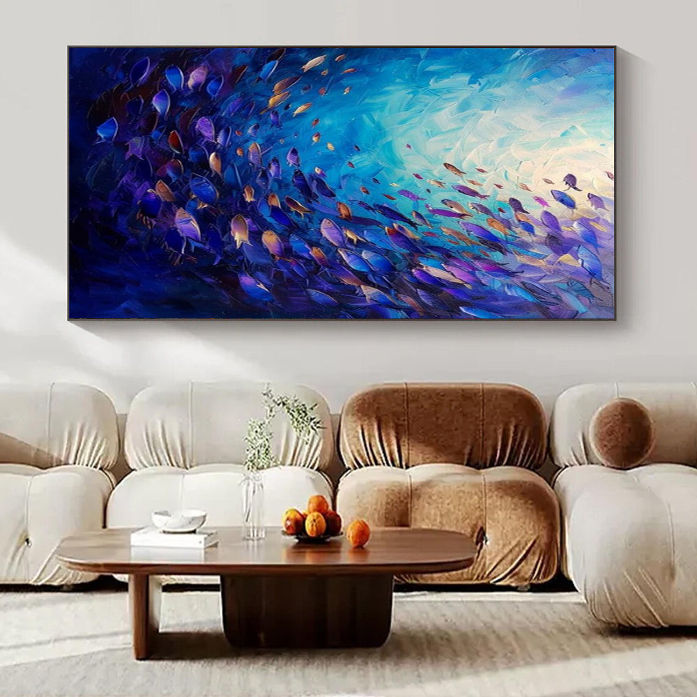 Blue - Hued Underwater Scene with Colorful Fish "Oceanic Symphony" Oil Painting On Canvas PS1064