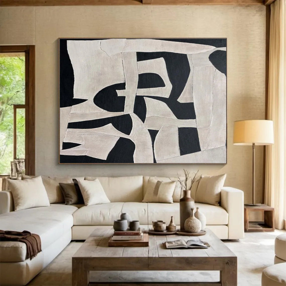 Black and White Geometric Shapes Abstract Painting On Canvas DKS091