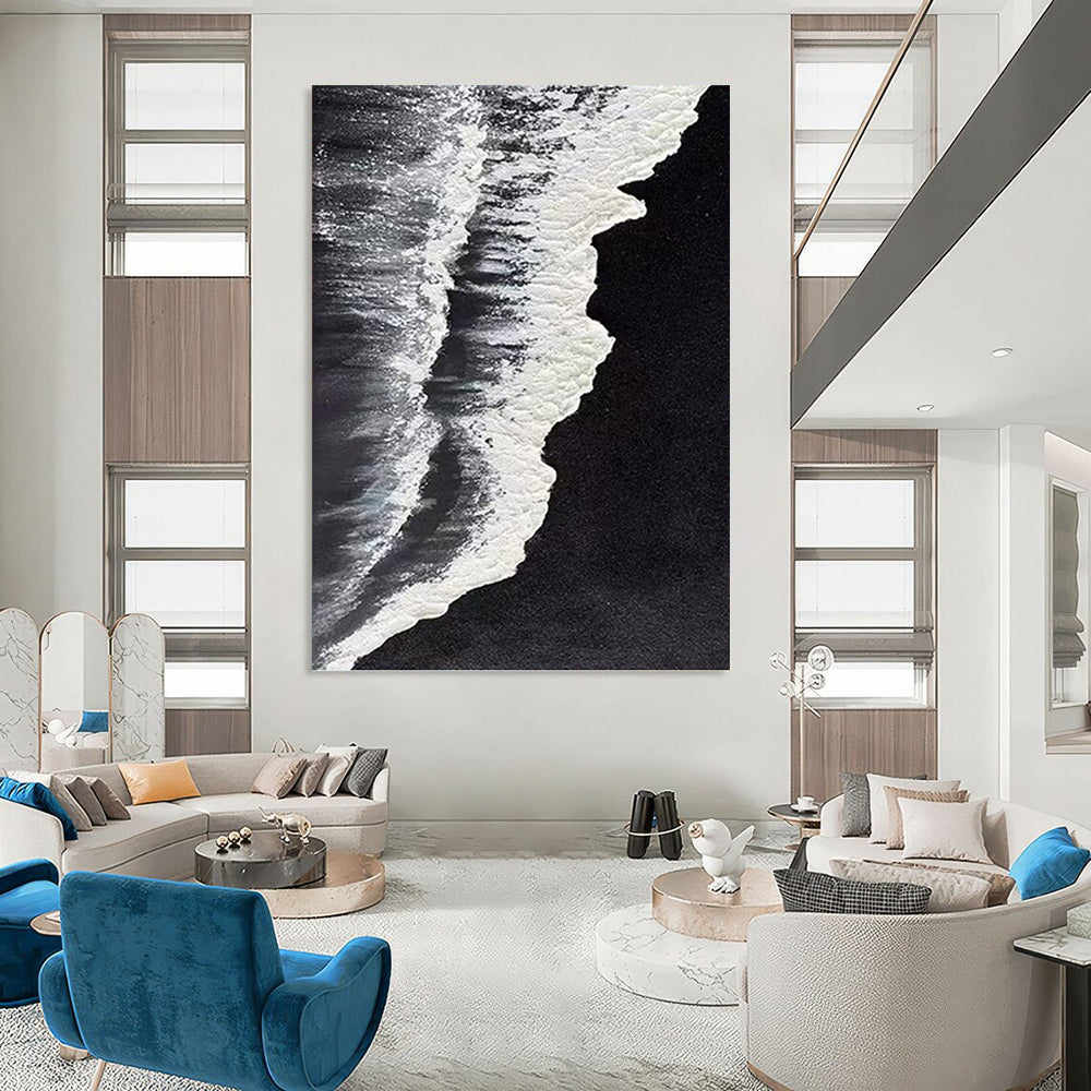 “Black - White Ocean Waves: Minimalist Seaside Art” - Stark Coastal Painting On Canvas PT0962