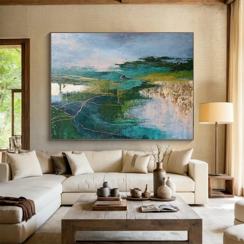 Teal and Green Abstract Landscape with Gold Lines Contemporary Abstract Painting On Canvas DKS127