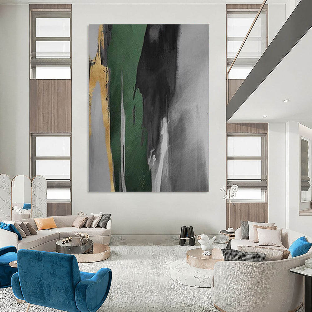 “Green, Black, Gold, and Grey: Abstract Vertical Forms” - Minimalist Abstract Painting On Canvas PT0932