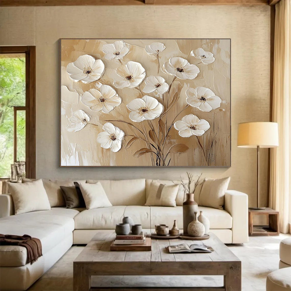 “Beige - White Floral Relief” Painting On Canvas DKS309
