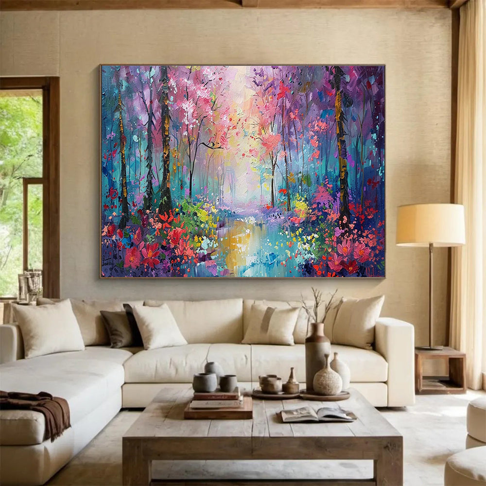 “Colorful Enchanted Forest” - Purple, Pink & Blue Landscape, Impressionistic Oil Painting On Canvas DKS765