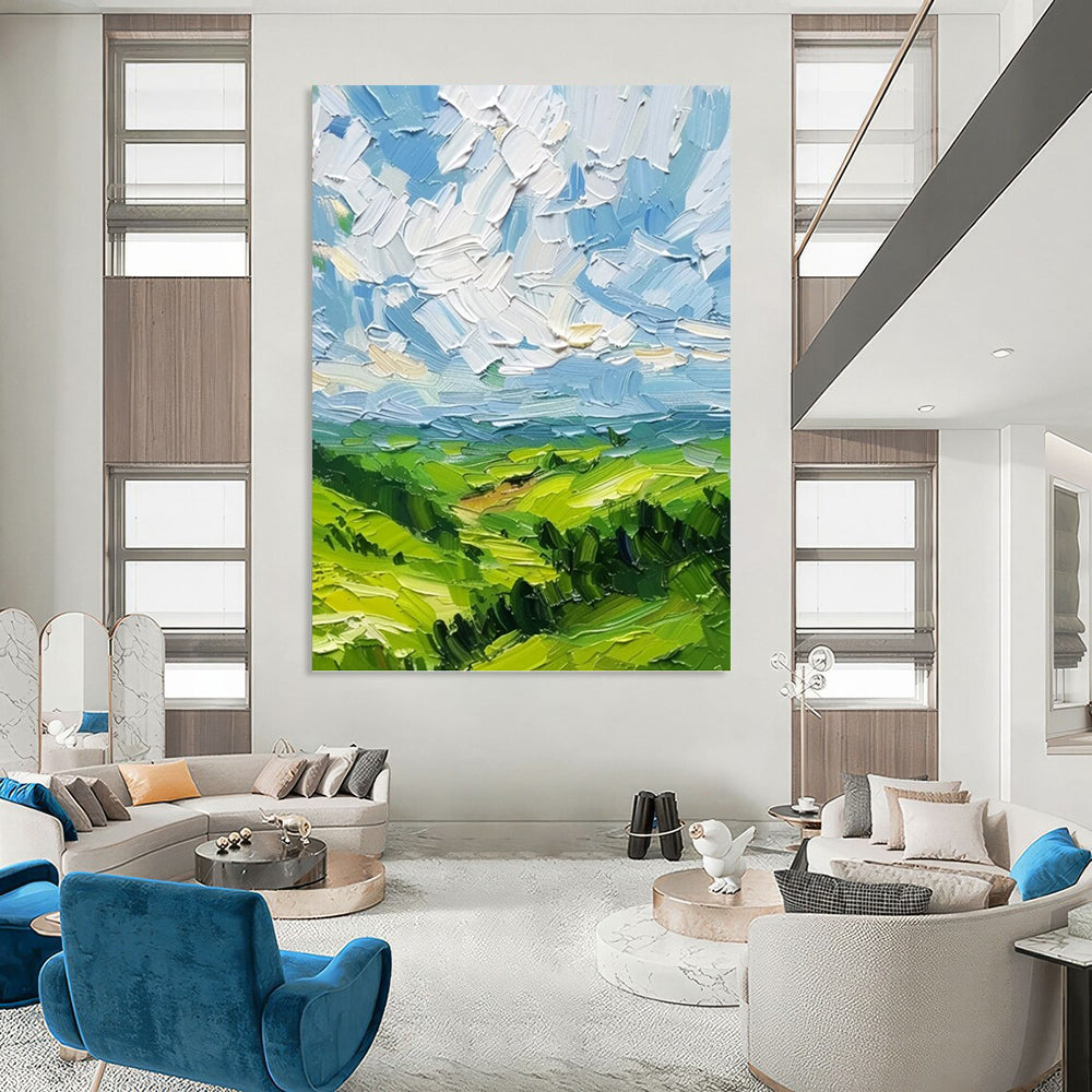 “Textured Green Landscape” - Impressionistic, Vivid - Hued Painting On Canvas PT1557