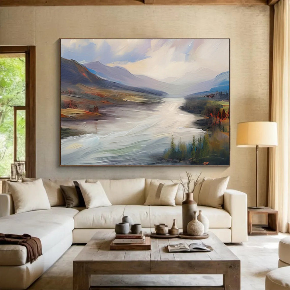 “Flowing River Valley” - Blue, Green & Brown Landscape, Smooth Oil Painting On Canvas DKS726