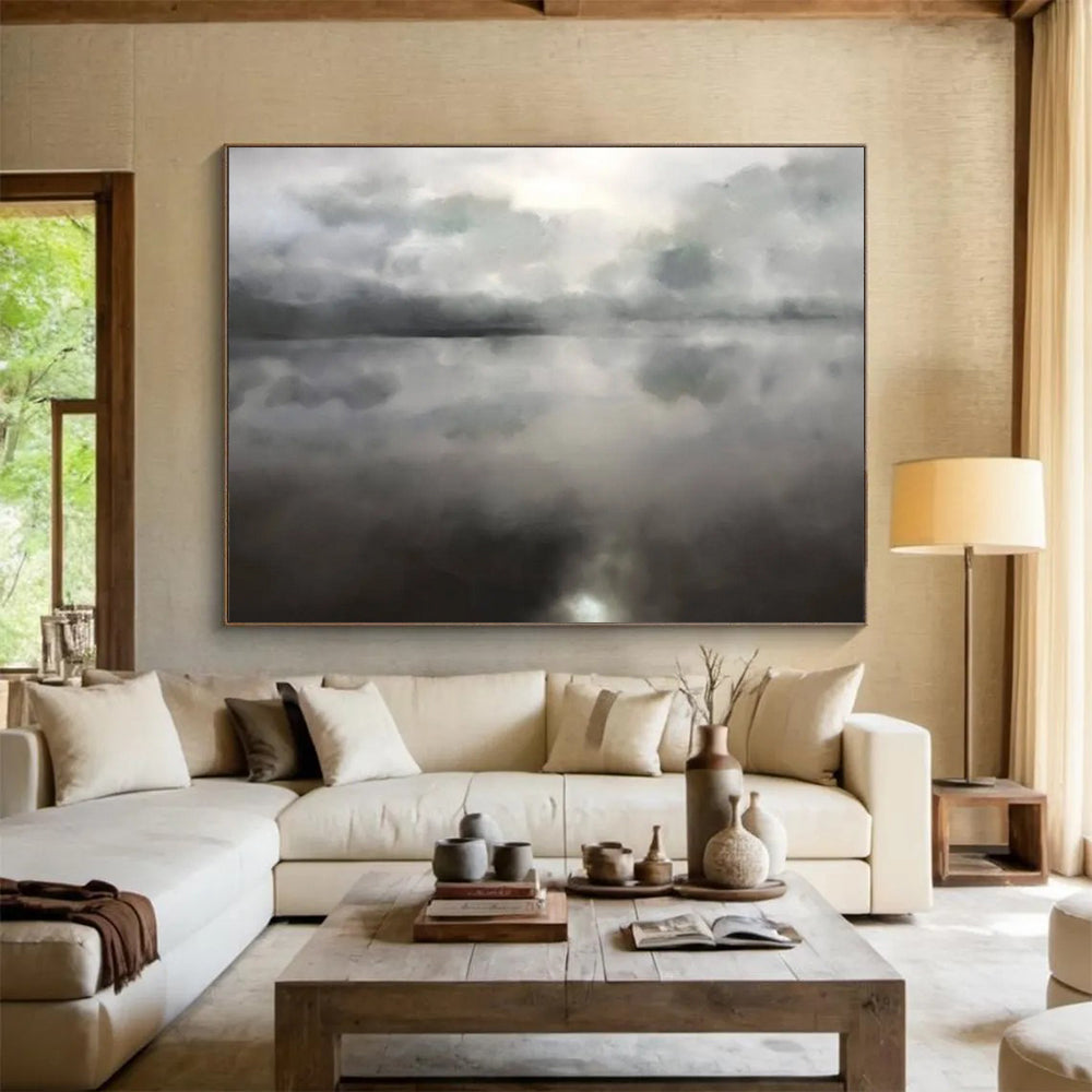 “Monochrome Cloudy Lake Reflection” - Minimalist Landscape Painting On Canvas PT124