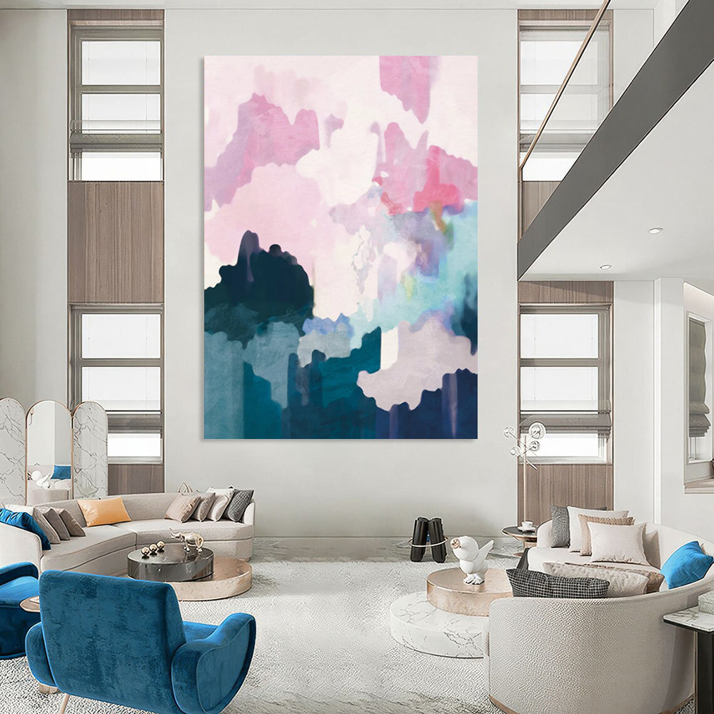 “Pastel - Hued Abstract Landscape” - Pink, Purple & Blue Soft Forms Painting On Canvas DS235
