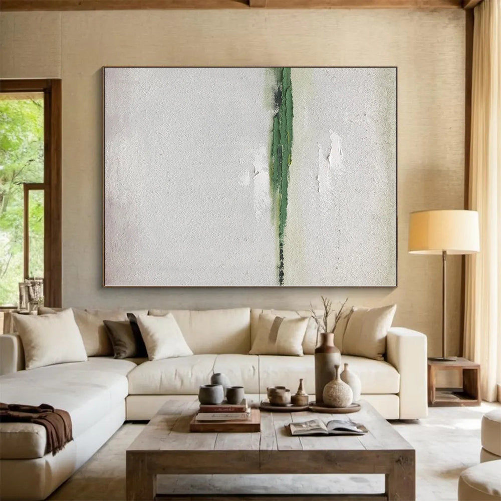 “Green - White Minimalist Strip” - Green, White Abstract Painting On Canvas PS0492