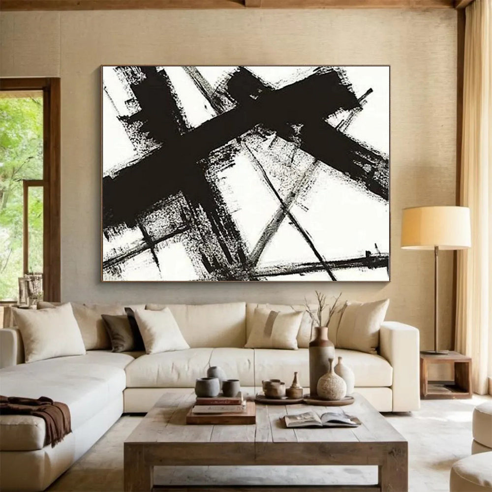 “Monochrome Cross Strokes” - Black, White Abstract Minimalist Painting On Canvas PS0716