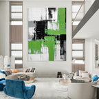 “Green, Black, and White Abstract” - Cubist - Inspired Geometric Painting On Canvas PT2267
