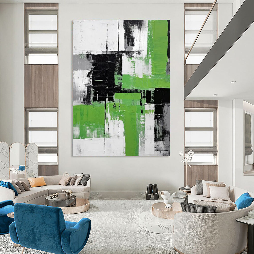 “Green, Black, and White Abstract” - Cubist - Inspired Geometric Painting On Canvas PT2267