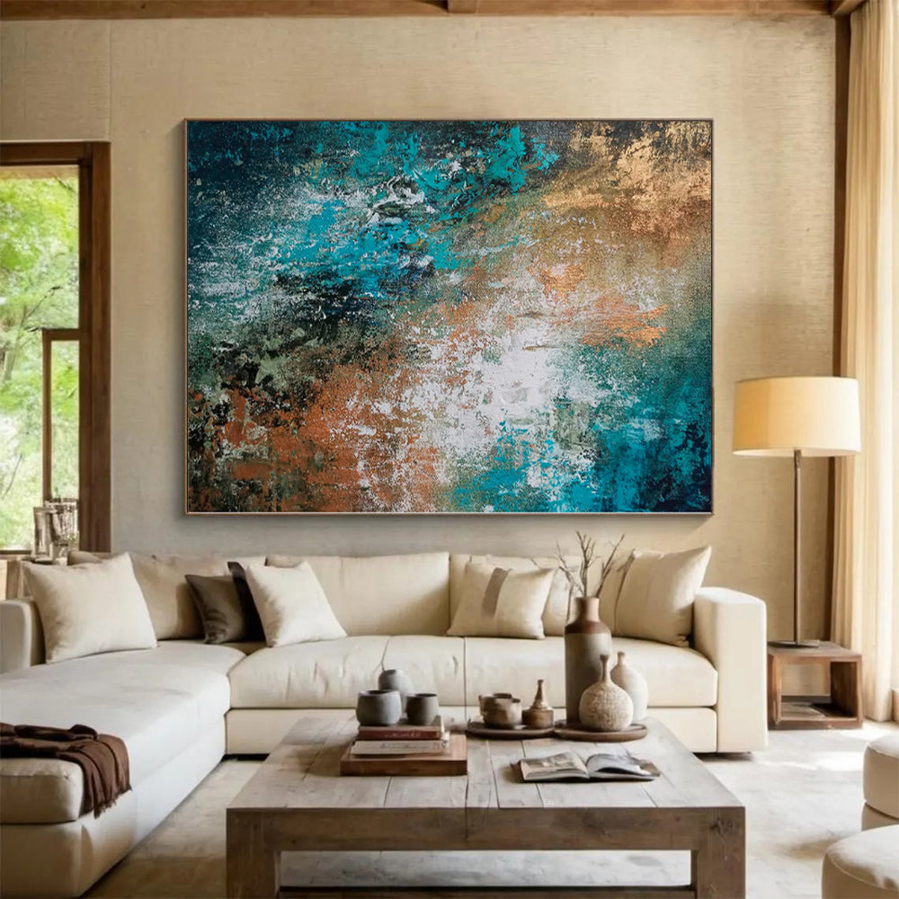 “Teal and Copper Abstract Fusion” - Abstract Impasto Painting On Canvas PS0019