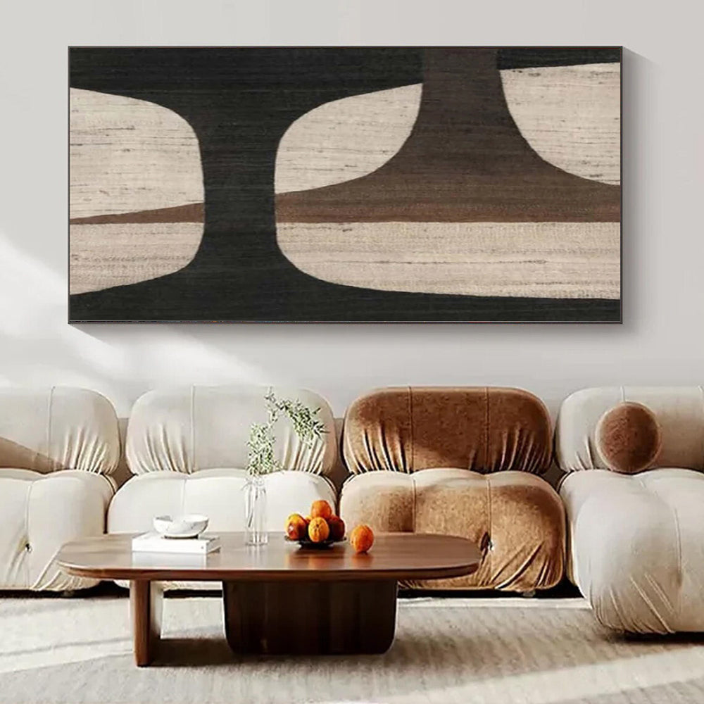 “Black - Brown - Beige Geometric” - Mid - Century Abstract Painting On Canvas PS0155