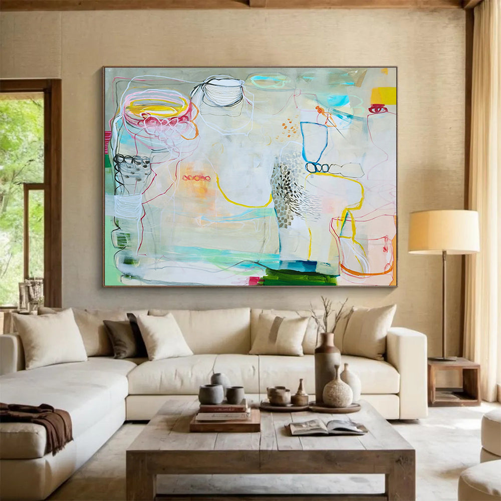 Pastel - Toned Abstract with Lines Painting On Canvas DKS071