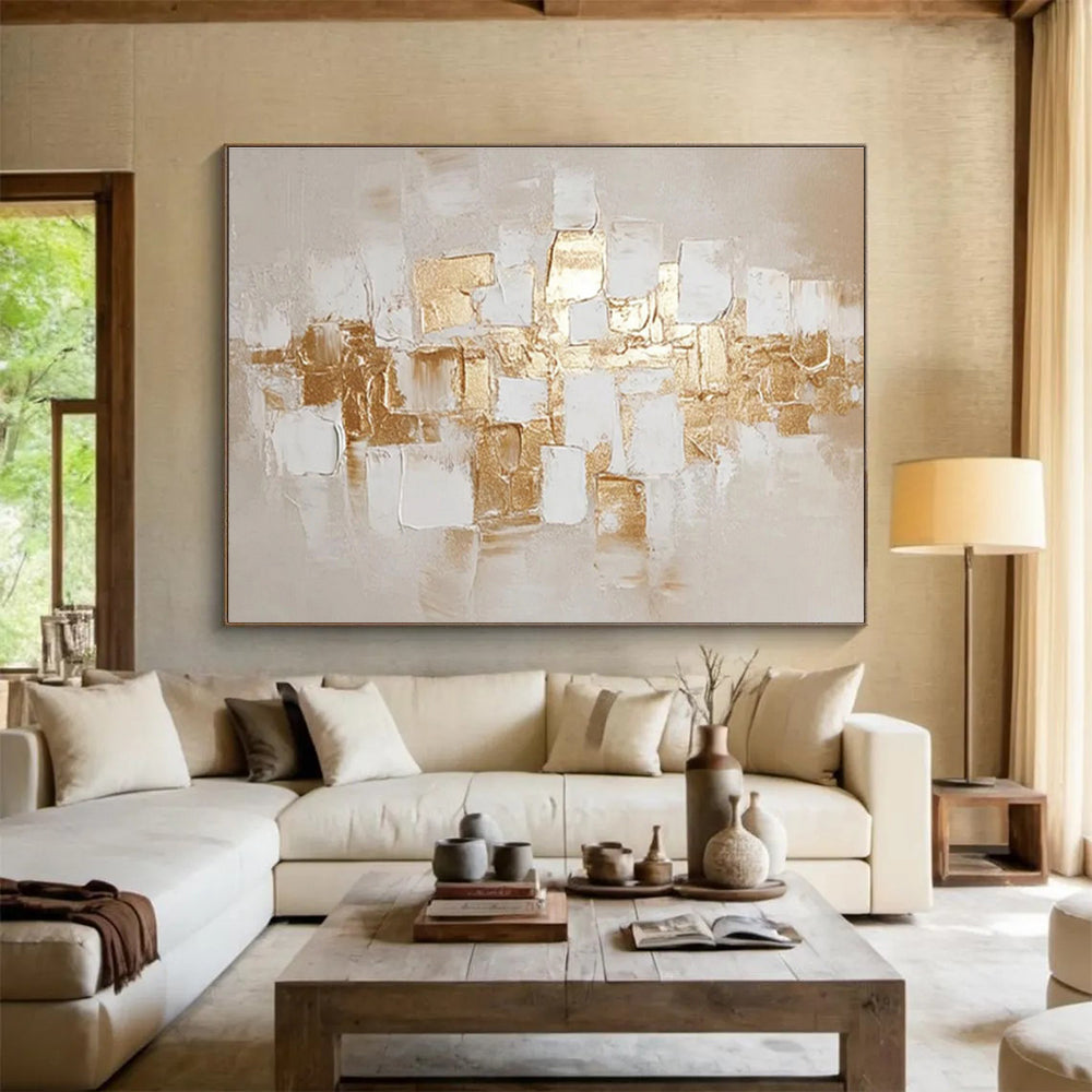 “Gold And White Cubist Abstract” - Abstract Painting On Canvas DKS524