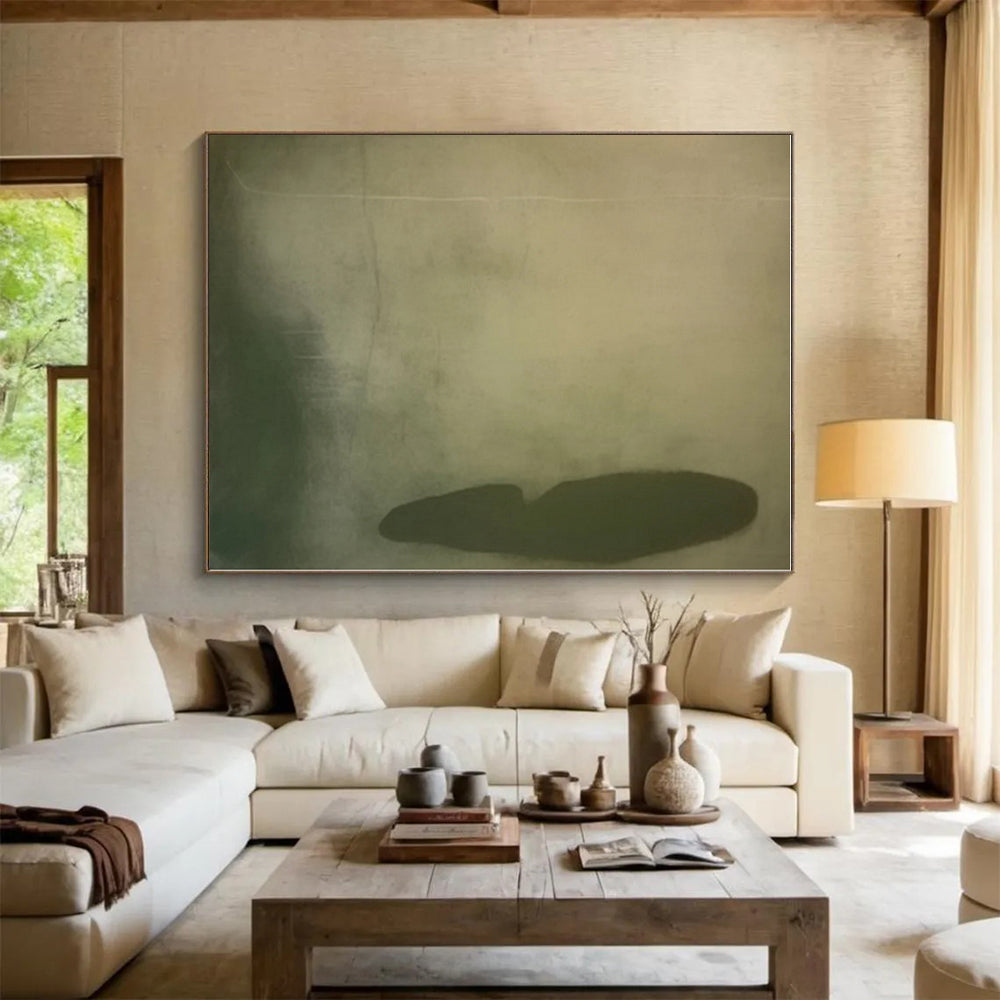 “Minimalist Green - Beige Form” - Green, Beige, Gray Abstract Minimalist Painting On Canvas PS0577