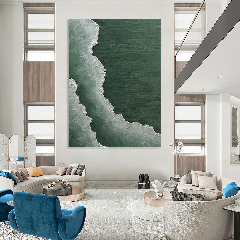 “Green and White Coastal Waves” - Seascape, Green - and - White Painting On Canvas PT1501