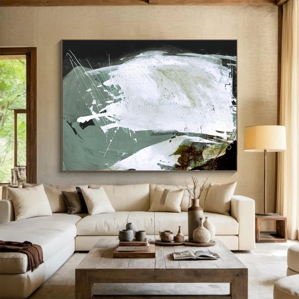 “Dynamic White and Green Abstract” - Expressive Abstract Painting On Canvas PT133