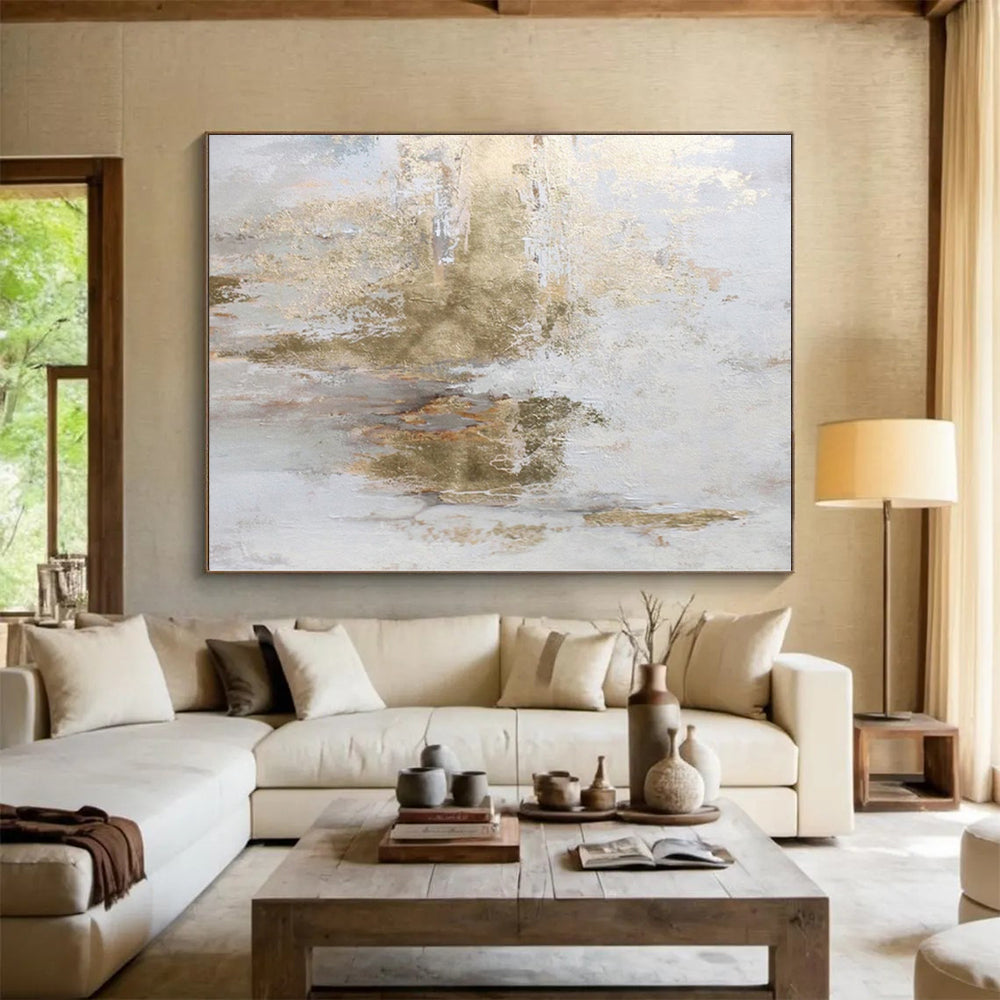 “Soft Gold - Splashed Abstract on Light Background” - Contemporary Abstract Painting On Canvas PS0256