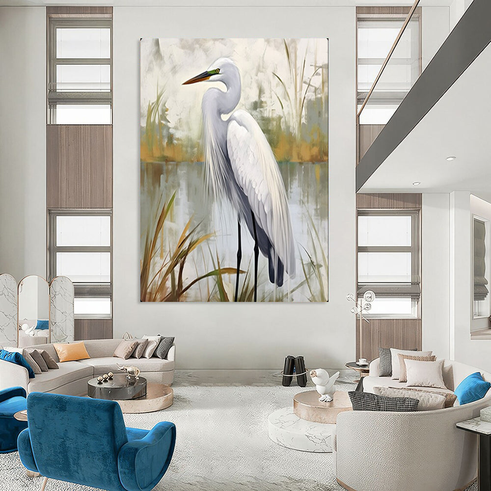 White Egret in Soft Hues, Realism with Sargent's Touch, Wildlife Painting On Canvas PT2127