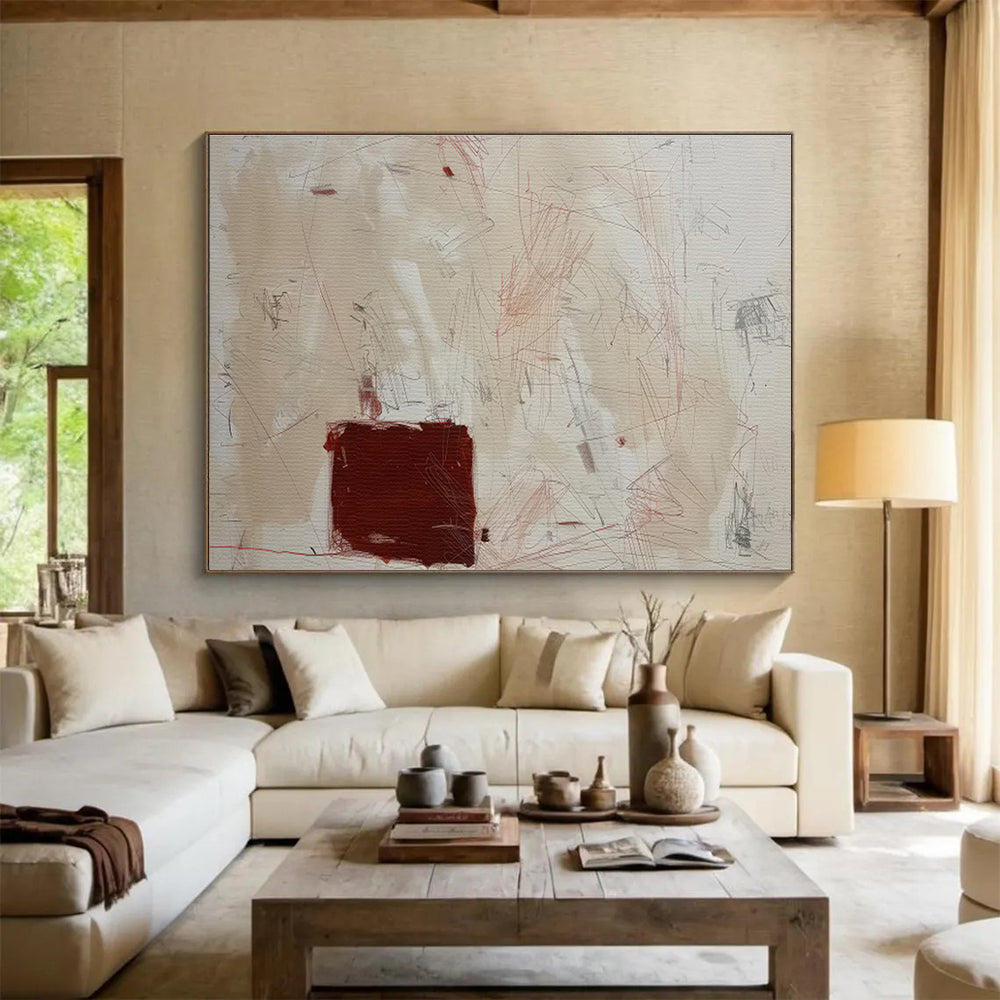 Beige and Red Abstract Scratches Contemporary Abstract Painting On Canvas DKS146