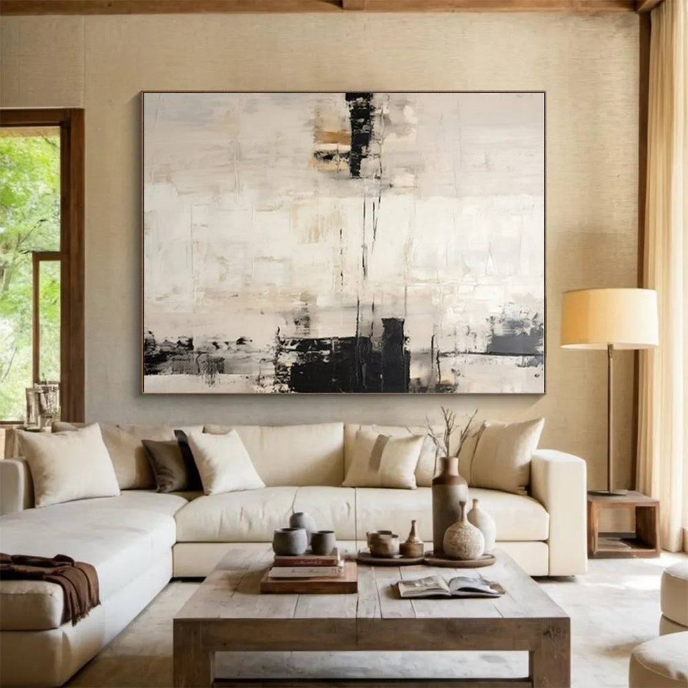 “White - Beige - Black Abstract Subtle Lines” Painting On Canvas PS0838