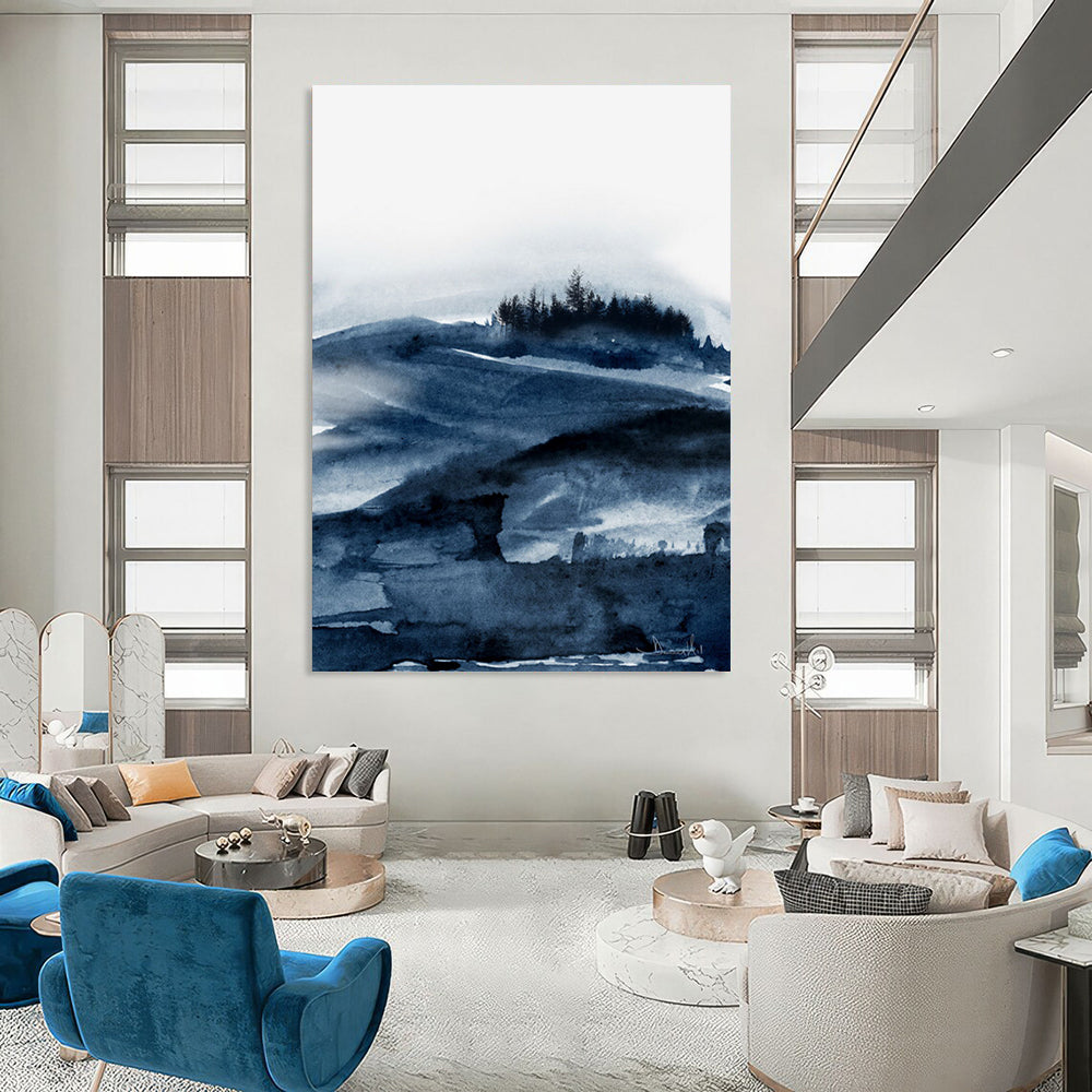 “Blue Watercolor Landscape” - Serene Hues with Misty Mountains Painting On Canvas DS230