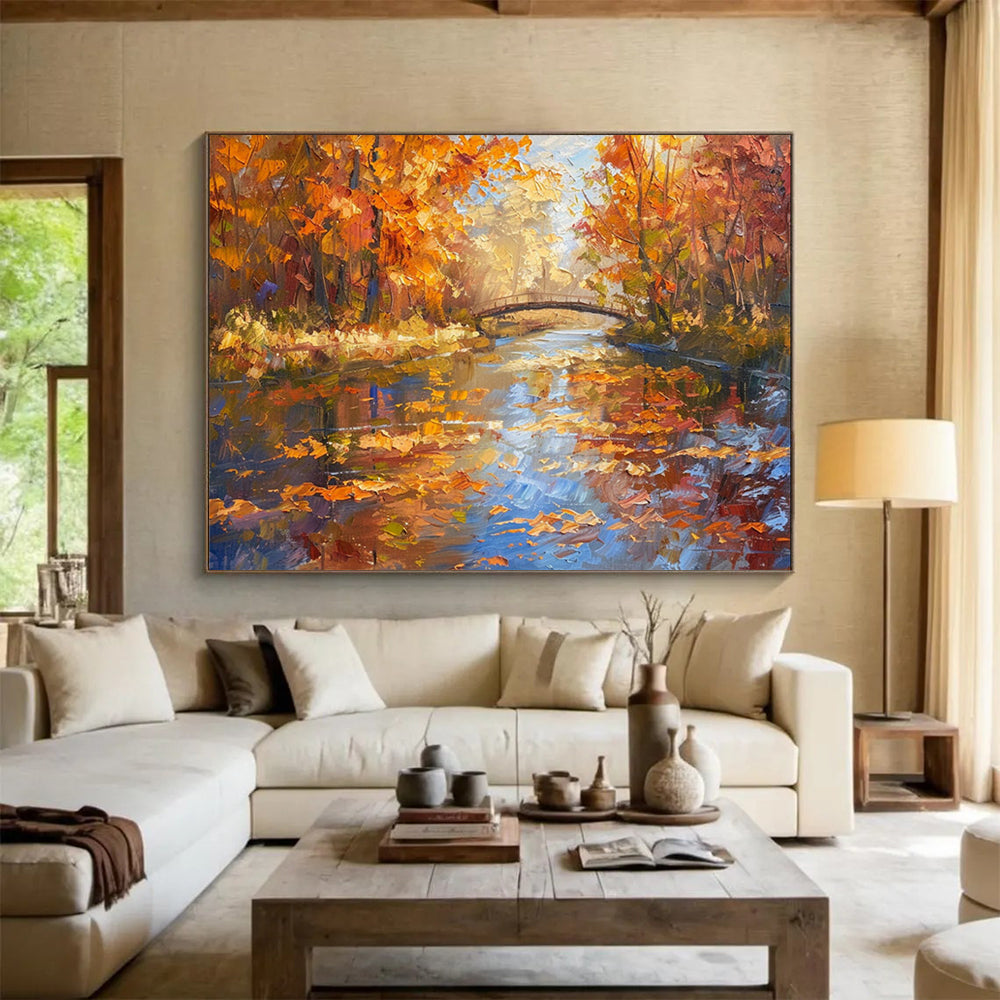 “Autumn River Walk” - Realistic Fall Landscape Painting On Canvas PT196