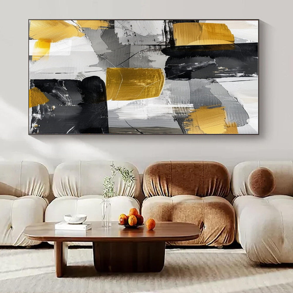 Gray, Gold, Black with Abstract Blocks "Gilded Geometry" Abstract Painting On Canvas PS1279
