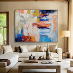 Color Clash: Blue, Yellow, Red & Gray Abstract Expressionist Painting for Art Gallery & Creative Hub DKS646