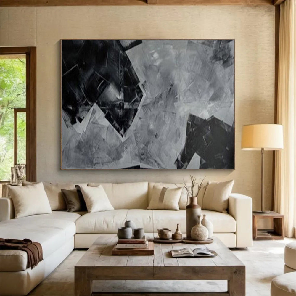 “Black - White Geometric Collage” - Abstract Cubist - Painting On Canvas PT1732