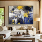 Yellow Splash: Blue, Yellow & Gray Abstract Expressionist Painting for Modern Living Room & Artistic Café DKS649