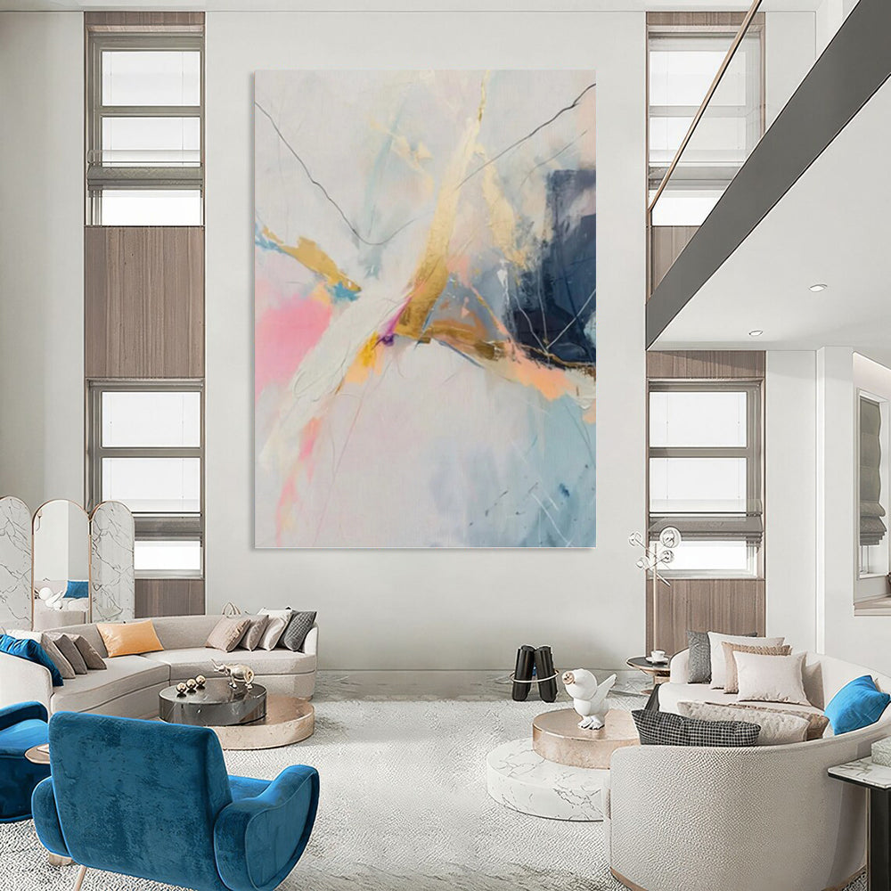 “Pastel and Gold Abstract” - Expressive Line Painting On Canvas PT0995