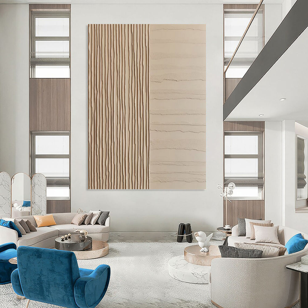 “Dual - Textured Beige Harmony” - Beige, Linear & Wavy Abstract Painting On Canvas PT1478