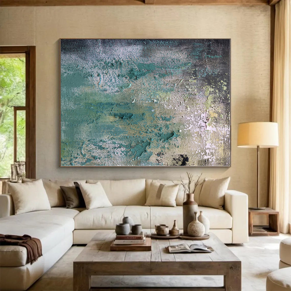 “Teal - Green Textured Wall - like” - Teal, Green, Gray Abstract Textured Painting On Canvas PS0578