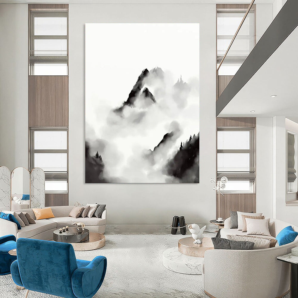 “Ink - Wash Mountainscape” - Traditional Chinese Style Clouds & Peaks Painting On Canvas DS207