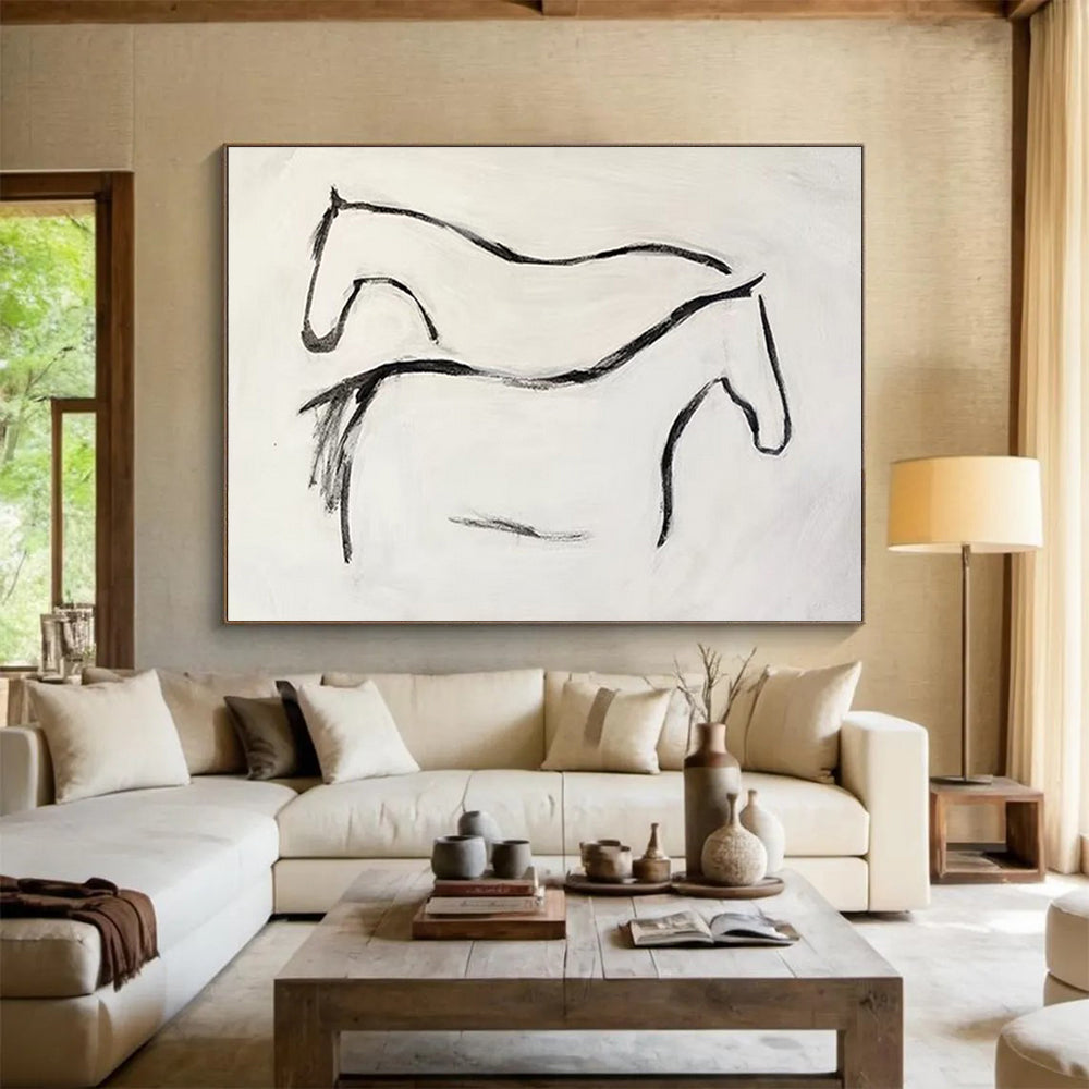 “Minimalist Horse Silhouettes” - Black & White Figurative, Simplistic Ink Painting On Canvas DKS751