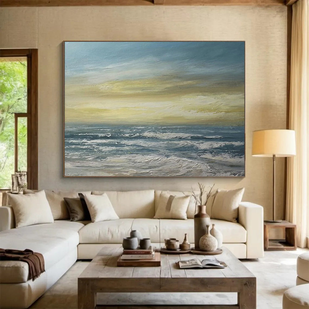 “Vibrant Coastal Sunset in Blues, Yellows & Whites” - Impressionistic Seaside Oil Painting On Canvas PT033