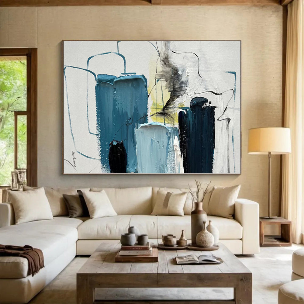 “Blue - Gray Abstract Blocks” - Blue, Gray, Yellow Abstract Painting On Canvas PS0484