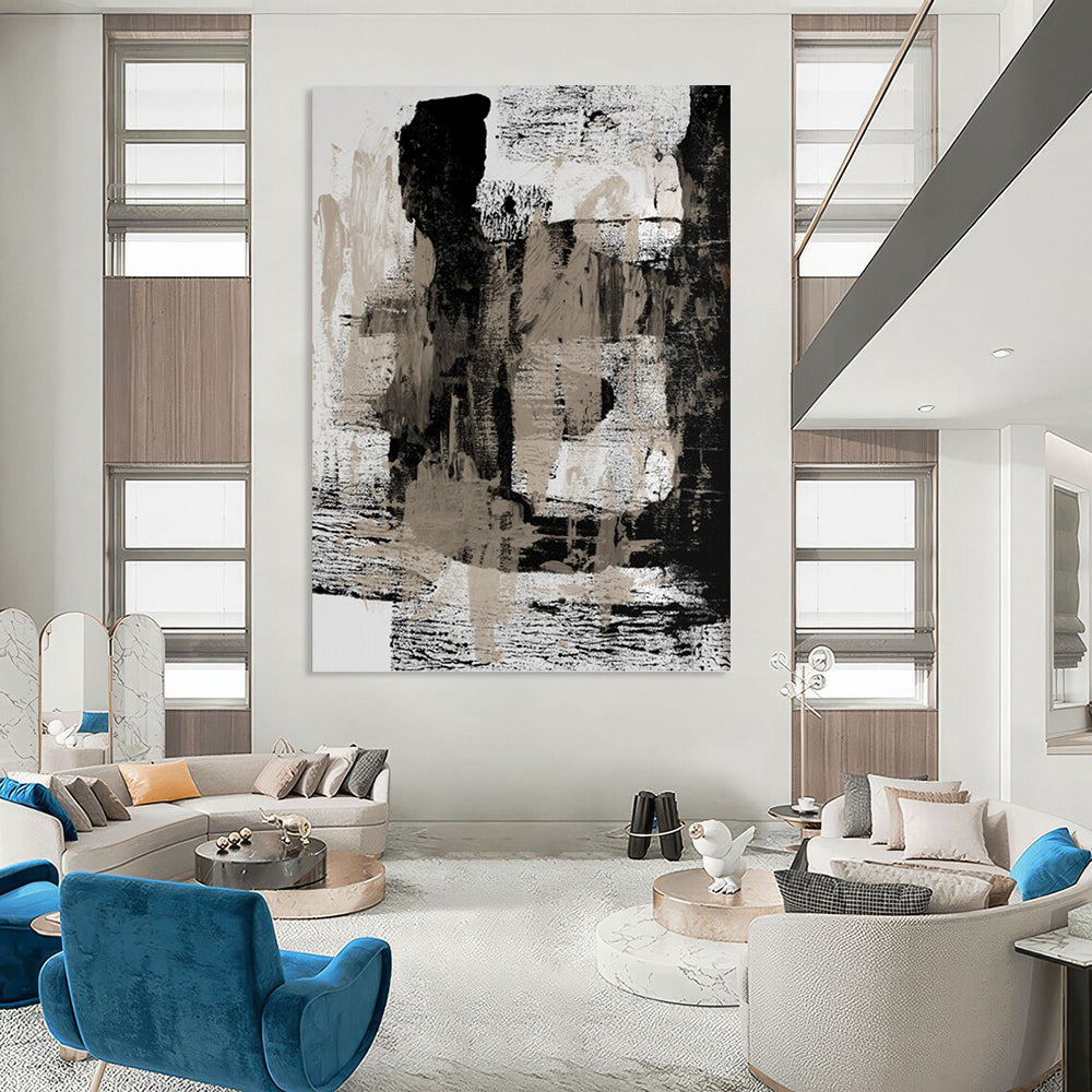 “Monochrome Textures II: Black, White, and Beige Abstract” - Dynamic Minimalist Art On Canvas PT0967