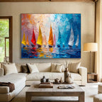 “Colorful Sailboats at Sea” - Impasto Oil Painting On Canvas DKS800